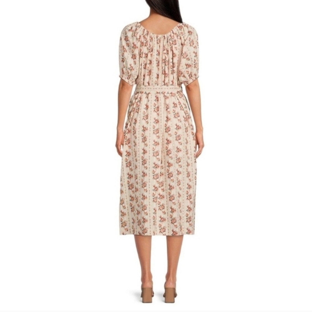 A Loves A Floral Print Belted Dress Cream Size Medium Side Pockets Cotton - Picture 3 of 9